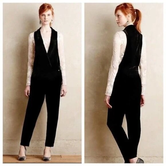 Anthropologie Harlyn Silk-Velvet Tuxedo Jumpsuit – Black Sz SP - Picture 1 of 13